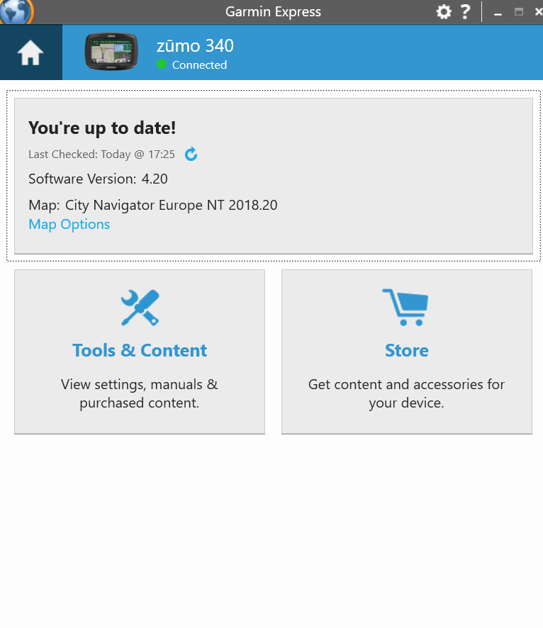 what I see in Garmin Express with zumo 340 connected